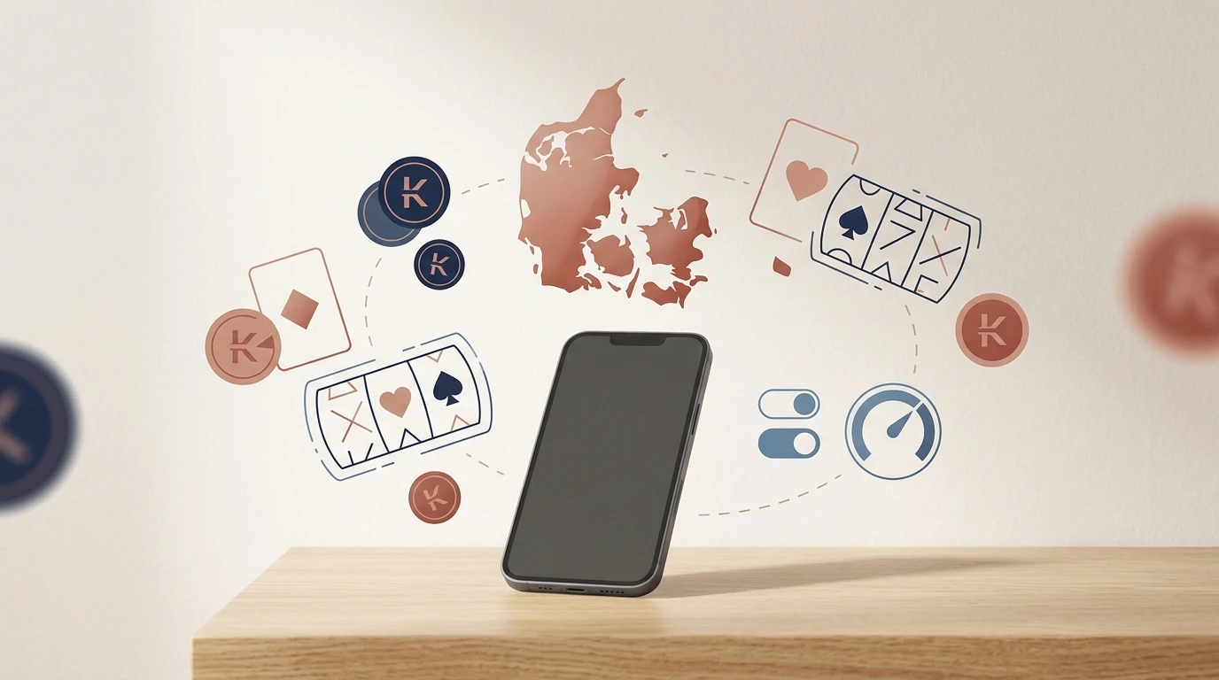 Redaktionel illustration af dansk onlinekasino med mobil, DKK-symbolik og ansvarligt spil