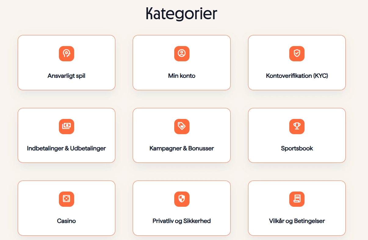 Skærmbillede af Betanos danske hjælpecenter med danske konto- og hjælpekategorier